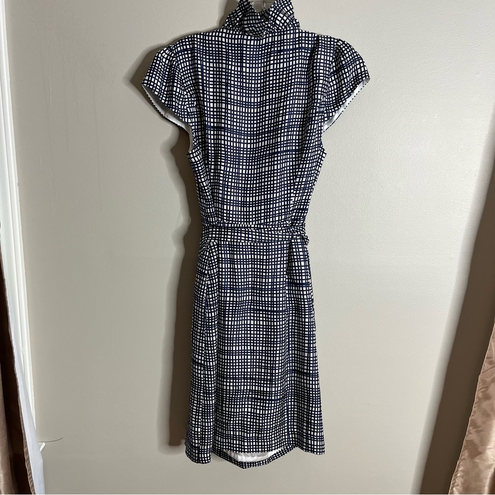 Elizabeth McKay Size 8 Scotland Dress Silk Wrap Navy White Ruffle Collar R16 - Picture 6 of 7